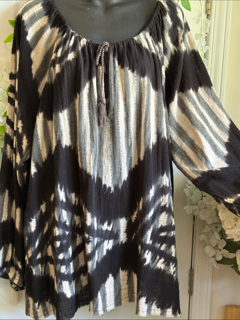 One Teaspoon Tie-Dye Cotton Gauze Peasant Blouse in Black, Grey & Cream